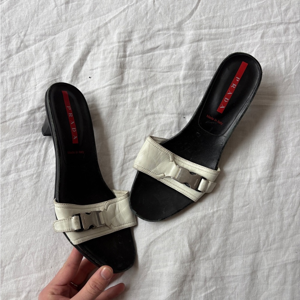 Prada Sport 90s Kitten Heel Slides — White Leather Buckle Mules — Size 40